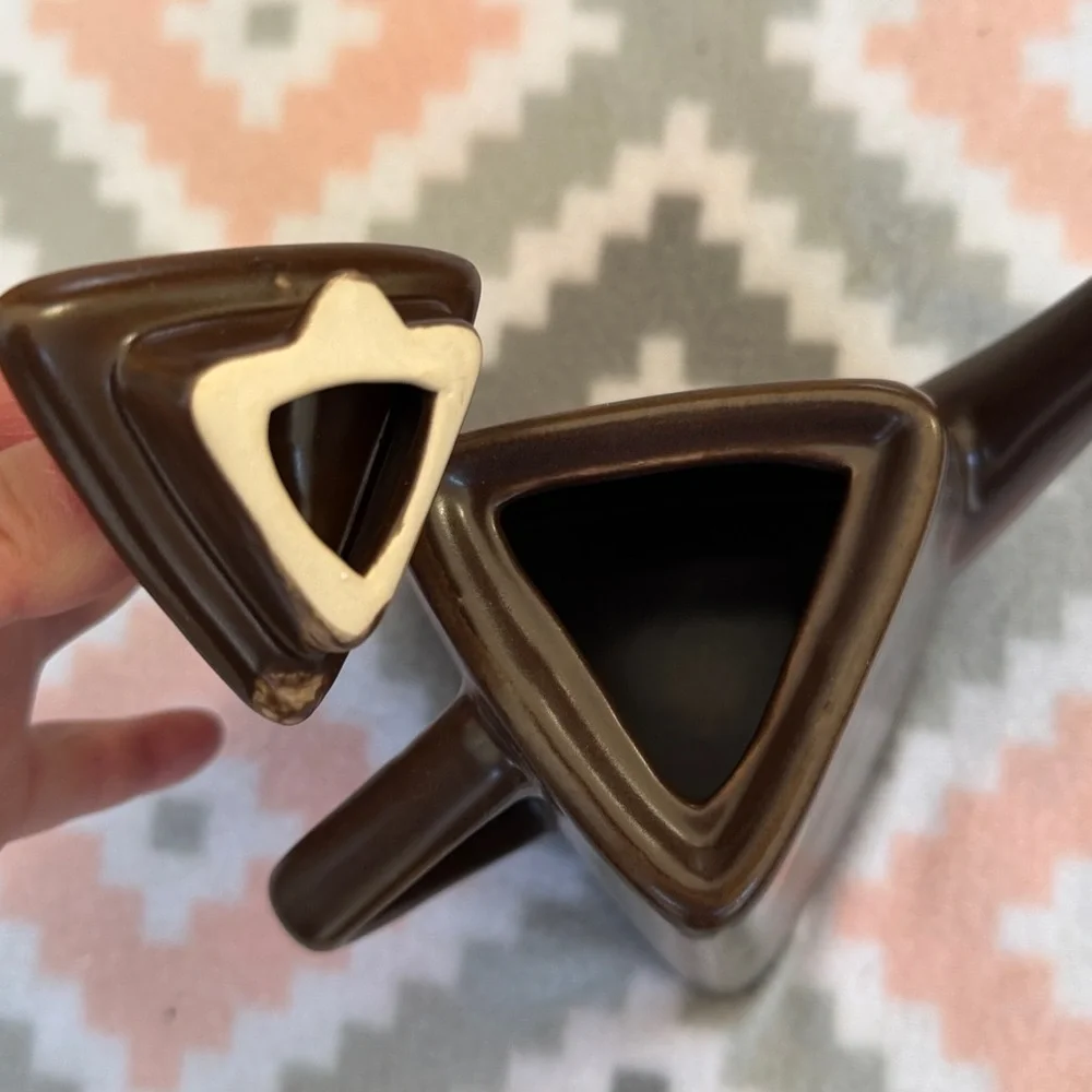 Vintage Brown Ceramic Teapot triangle shape with lid